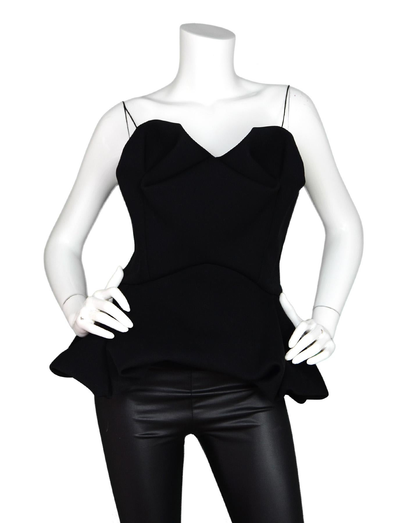 Chalayan Black Strapless Peplum Top NWT Sz IT 46

Made In: Italy
Color: Black
Materials: 80% acetate, 20% polyamide 
Lining: 100% polyester
Opening/Closure: Full back zipper
Overall Condition: New with tags condition 
Includes: Original