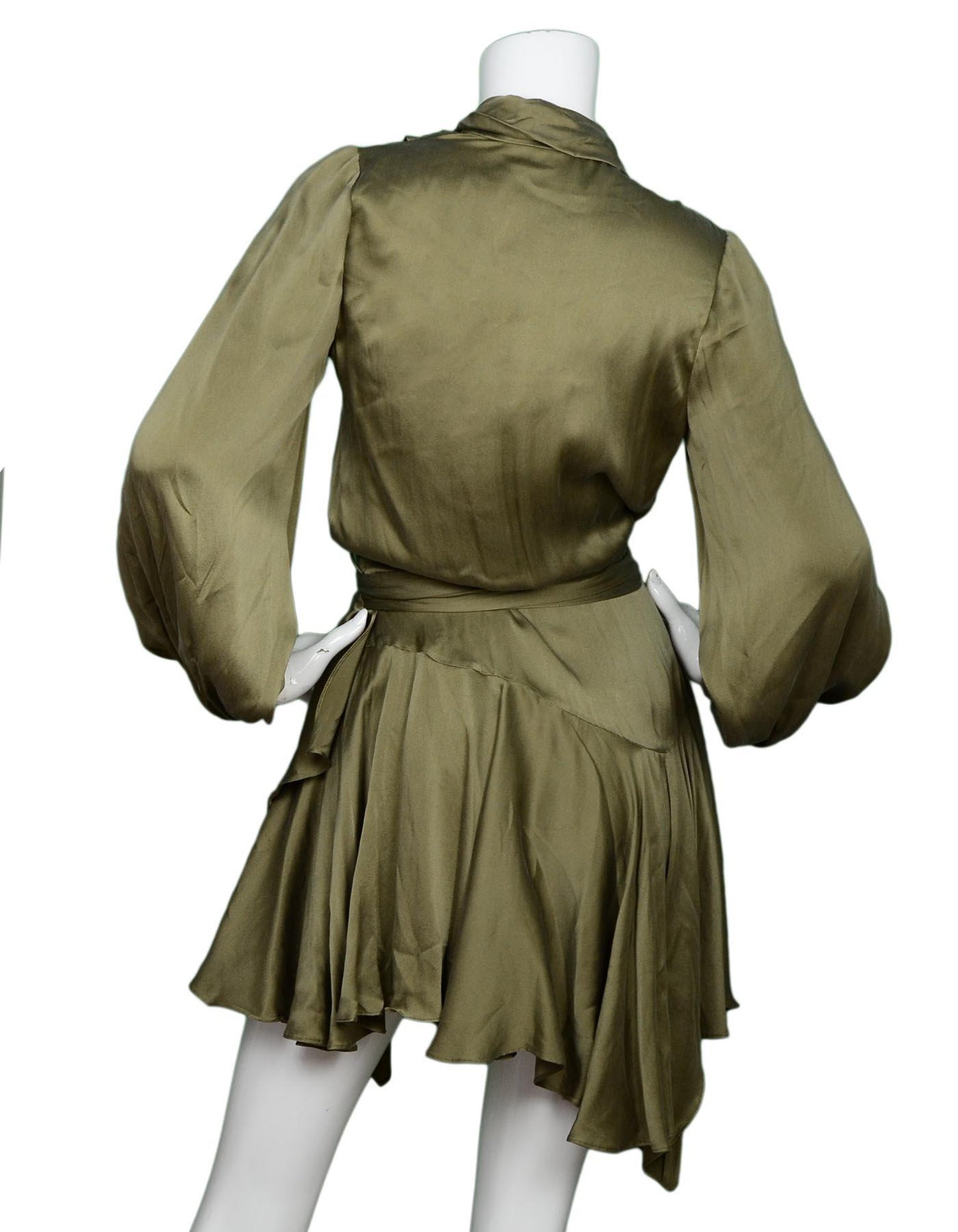 Zimmermann Olive Silk Long Sleeve Sueded Silk Wrap Robe Dress NWT Sz 0 For  Sale at 1stDibs
