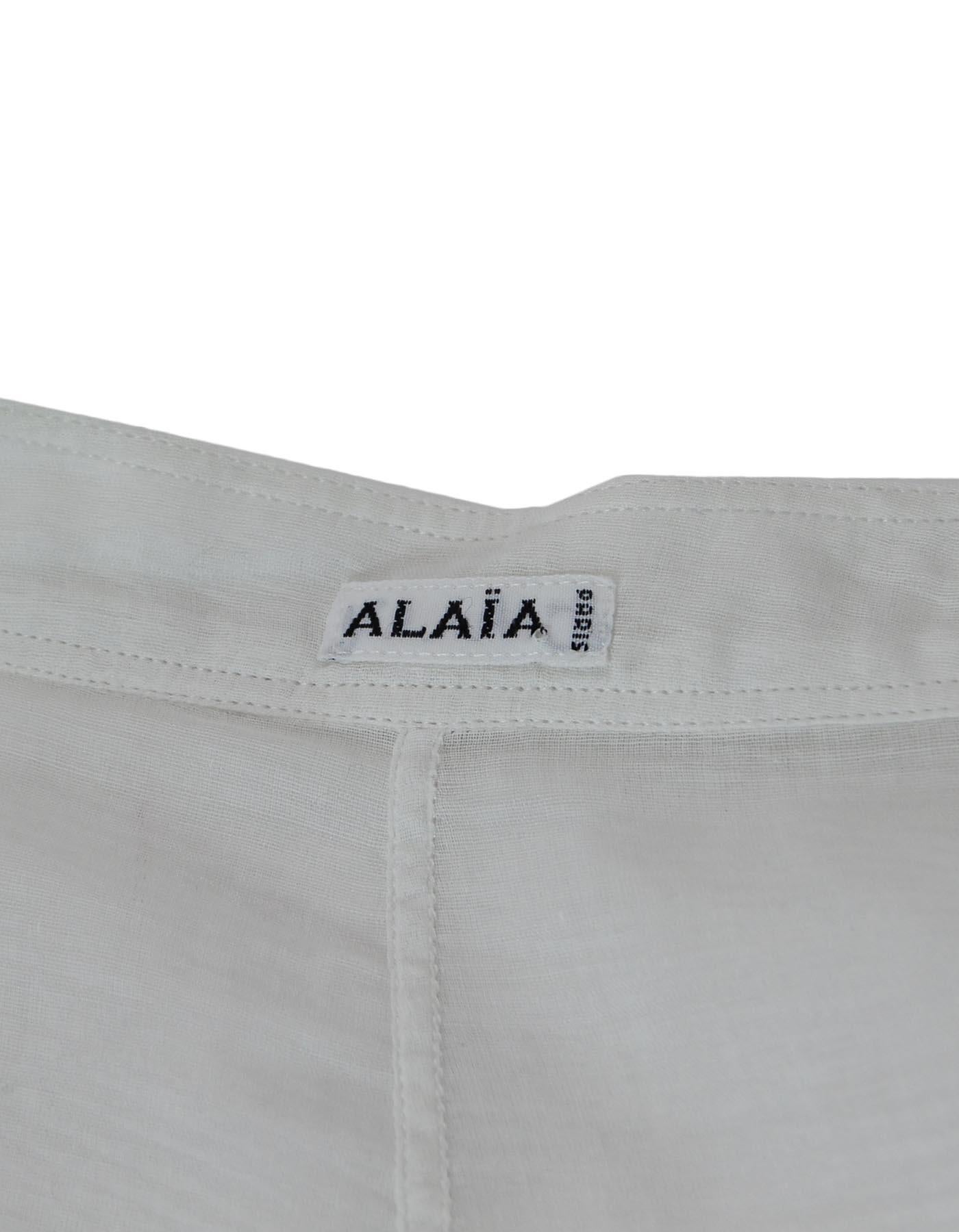 Alaia White Sheer Patterned Long Sleeve Blouse W/ Top Buttons Sz M In Excellent Condition In New York, NY