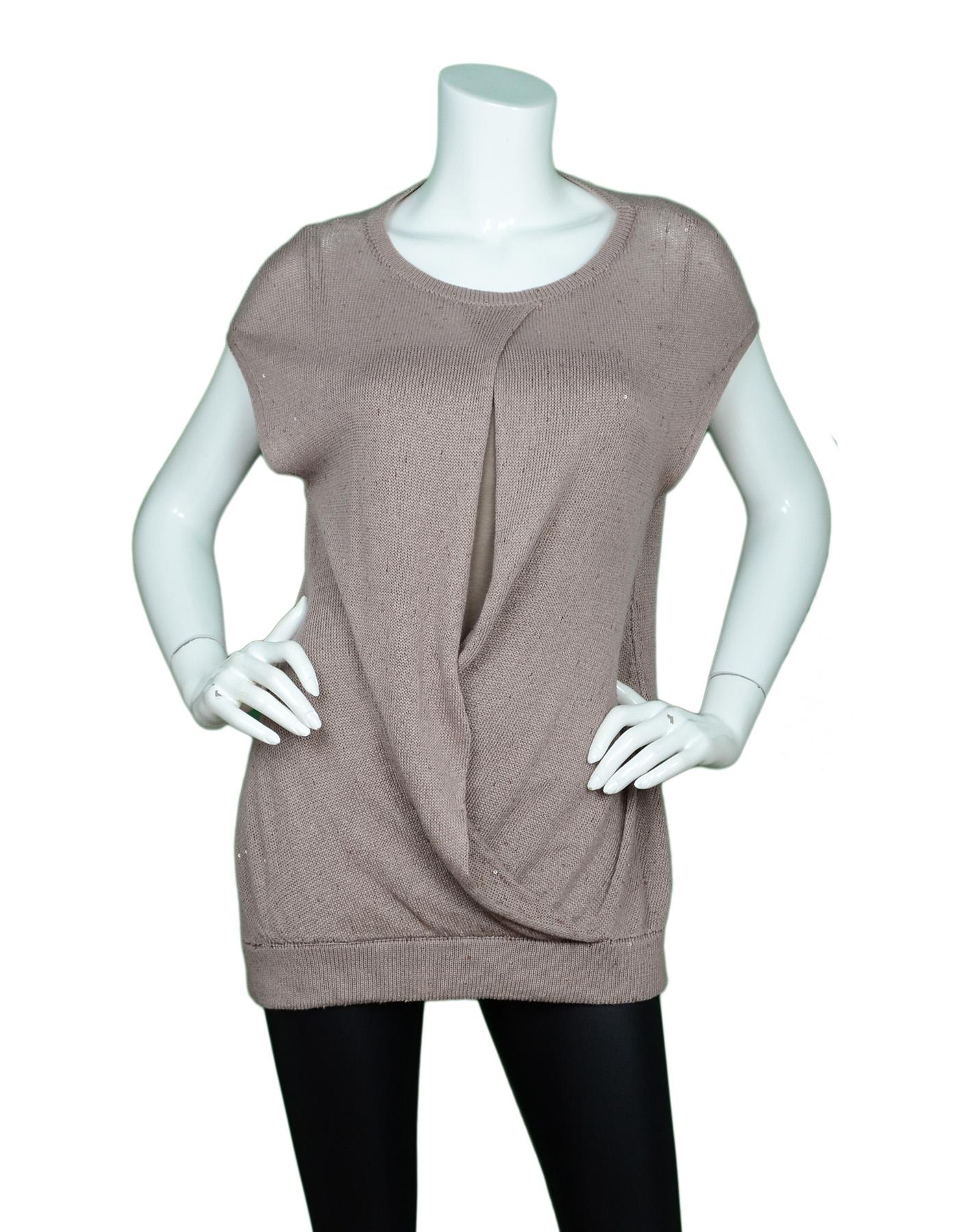 Brunello Cucinelli Mauve Sleeveless Knit Sequin Wrap Top W/ Strapless Lining Sz L

Made In: Italy
Color: Mauve
Materials: 93% cotton, 7% elastane
Opening/Closure: Pull over
Overall Condition: Excellent pre-owned condition with exception of minor