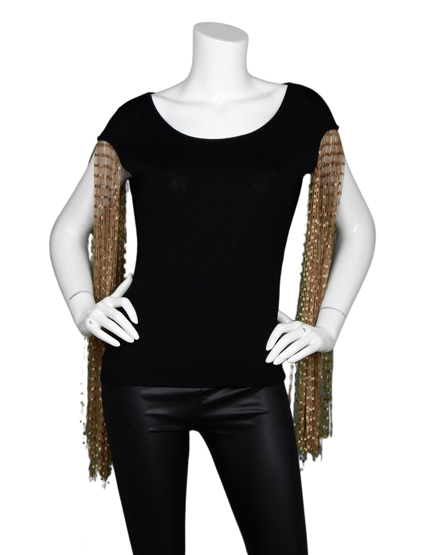 Loewe Black Top W/ Gold Ribbon Fringe Sleeves & Key Hole Open Back Sz S

Made In: Italy
Color: Black
Materials: 100% cotton
Opening/Closure: Pull over
Overall Condition: Excellent pre-owned condition 
Measurements: 
Shoulder To Shoulder: 19.5