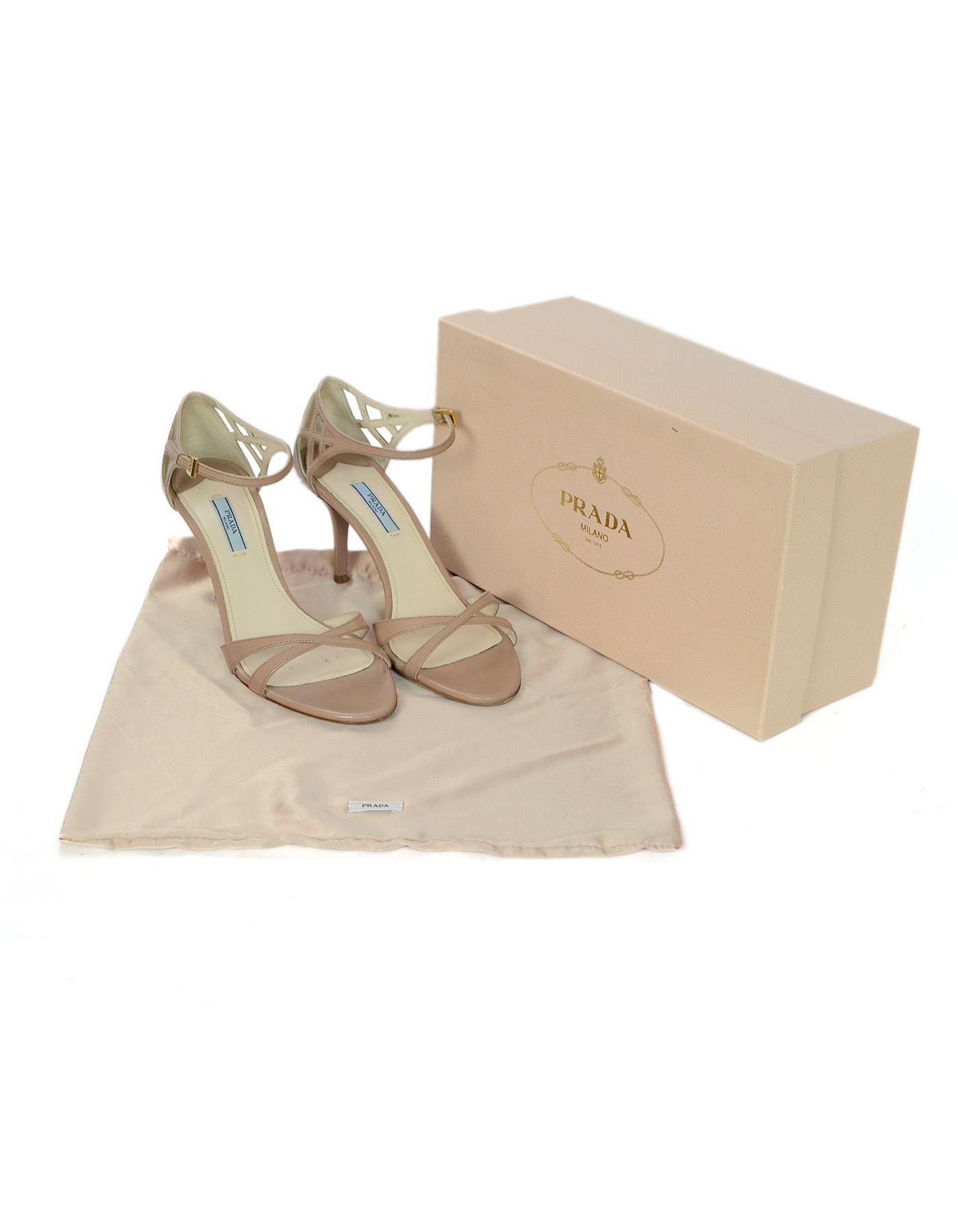 Prada Nude Leather Strappy High Heel Sandals Sz 40.5 W/ Box & Dust Bag

Made In: Italy
Color: Nude
Hardware: Goldtone
Materials: Leather
Closure/Opening: Strap with belt closure at side
Overall Condition: Excellent pre-owned condition with exception