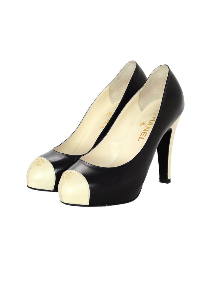 Chanel Black/Ivory Cap Toe CC Platform Pumps W/ Embroidered CC At Toes ...