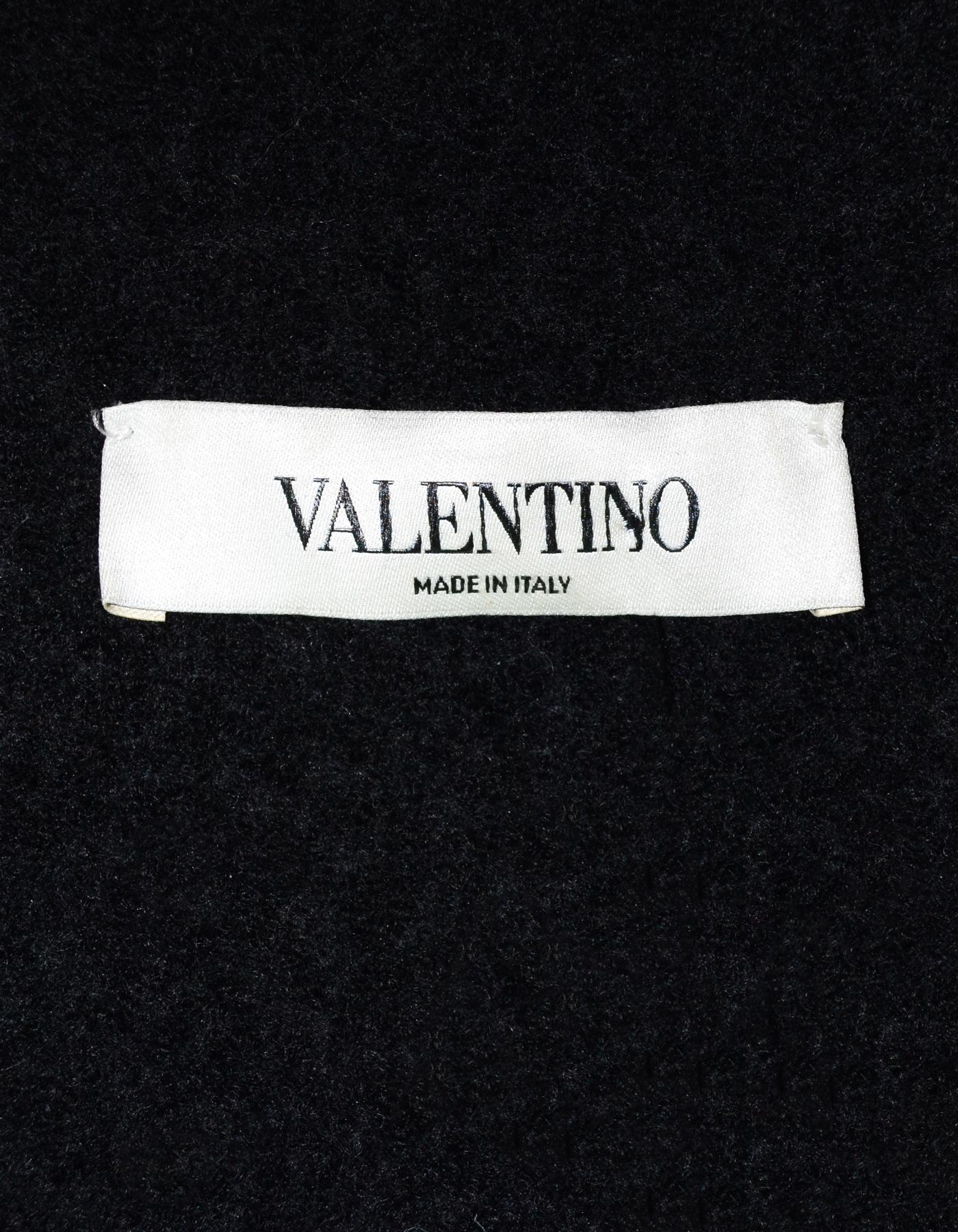 Women's Valentino Black Wool Coat W/ Rib Knit Sleeves & Lace/Bead Detail Sz S