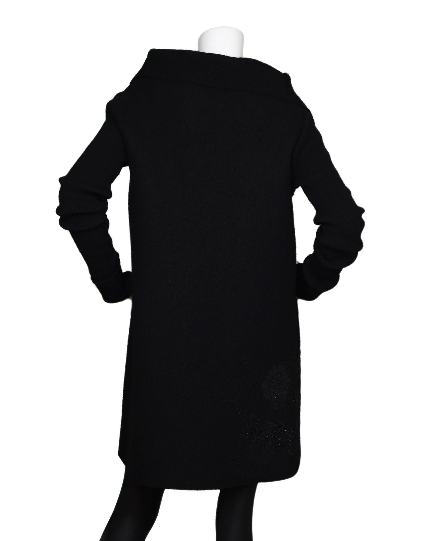 Valentino Black Wool Coat W/ Rib Knit Sleeves & Lace/Bead Detail Sz S In Good Condition In New York, NY