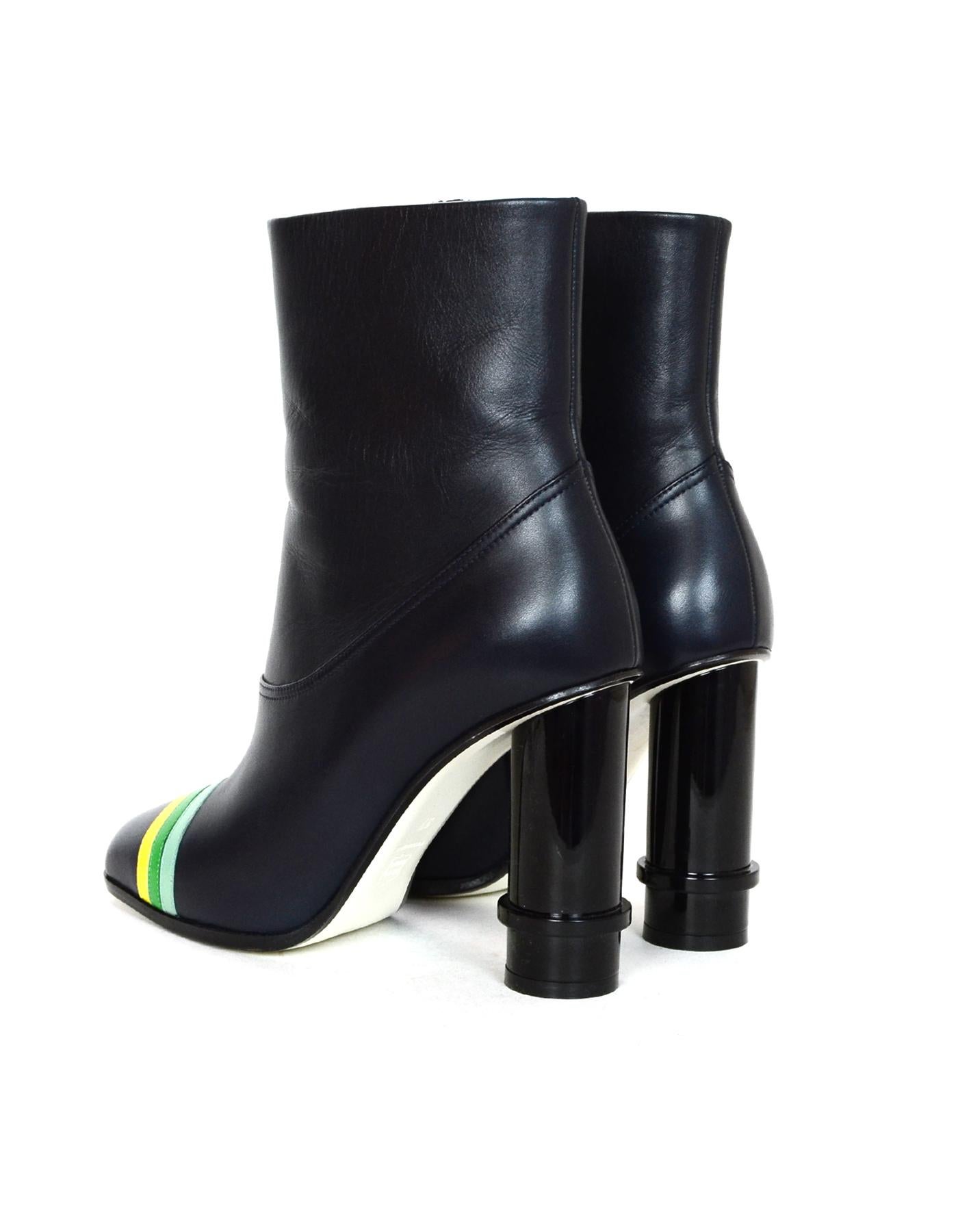 Loewe Navy Heeled Boot W/ Green/Yellow Chevron Striped Toe Design Sz 37 In New Condition In New York, NY