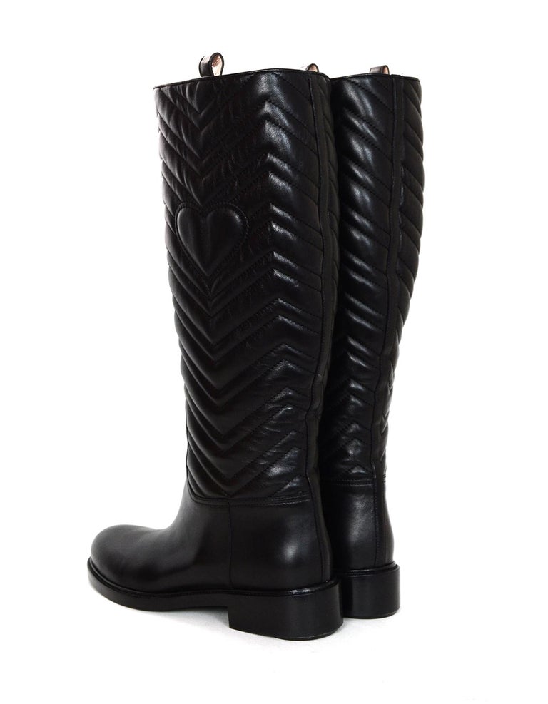 Gucci Black Matlasse Quilted Nappa Charlotte Knee High Riding Boots Sz