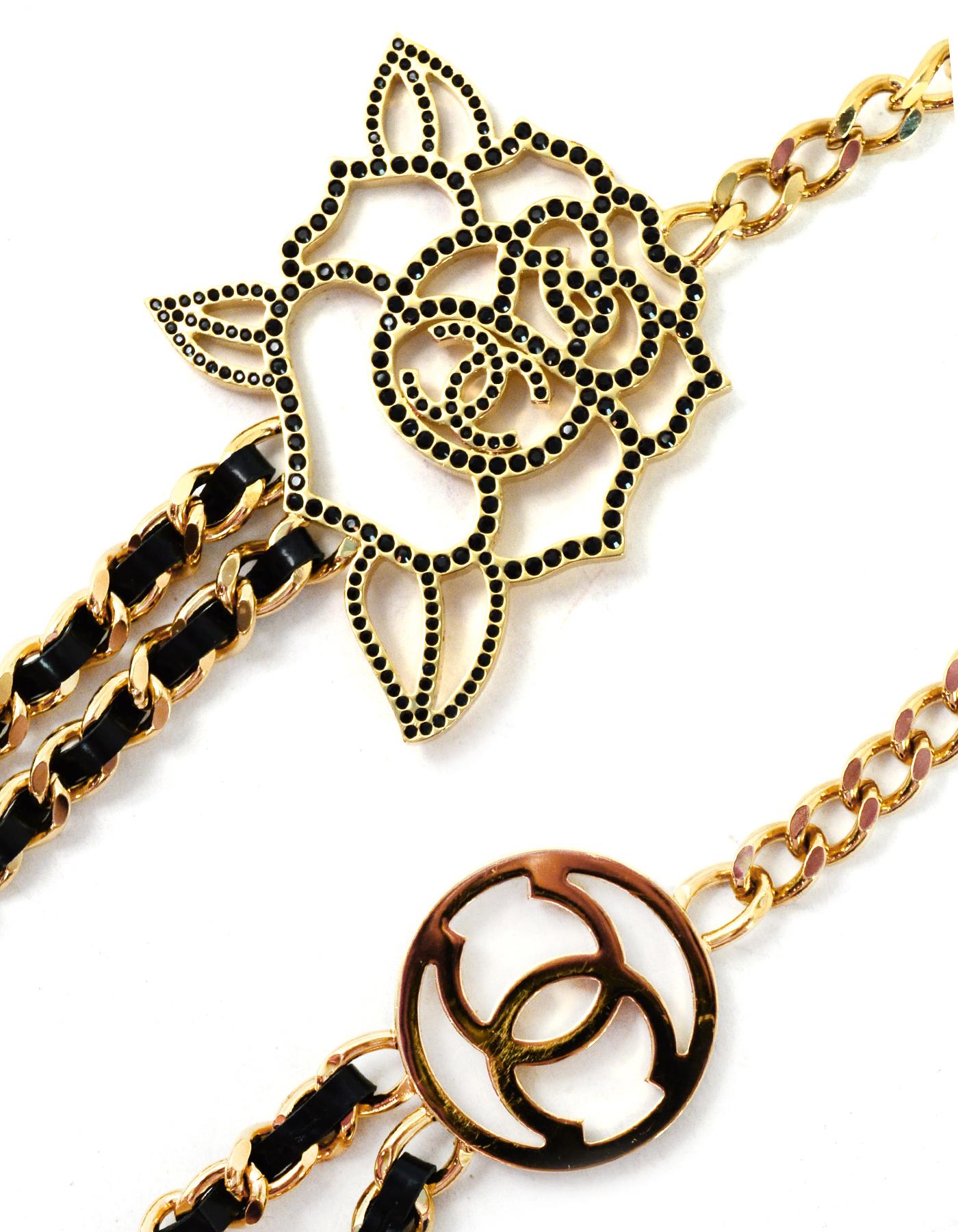 Women's Chanel 2017 Black/Gold Leather Laced Necklace W/ Crystal CC & Camellia