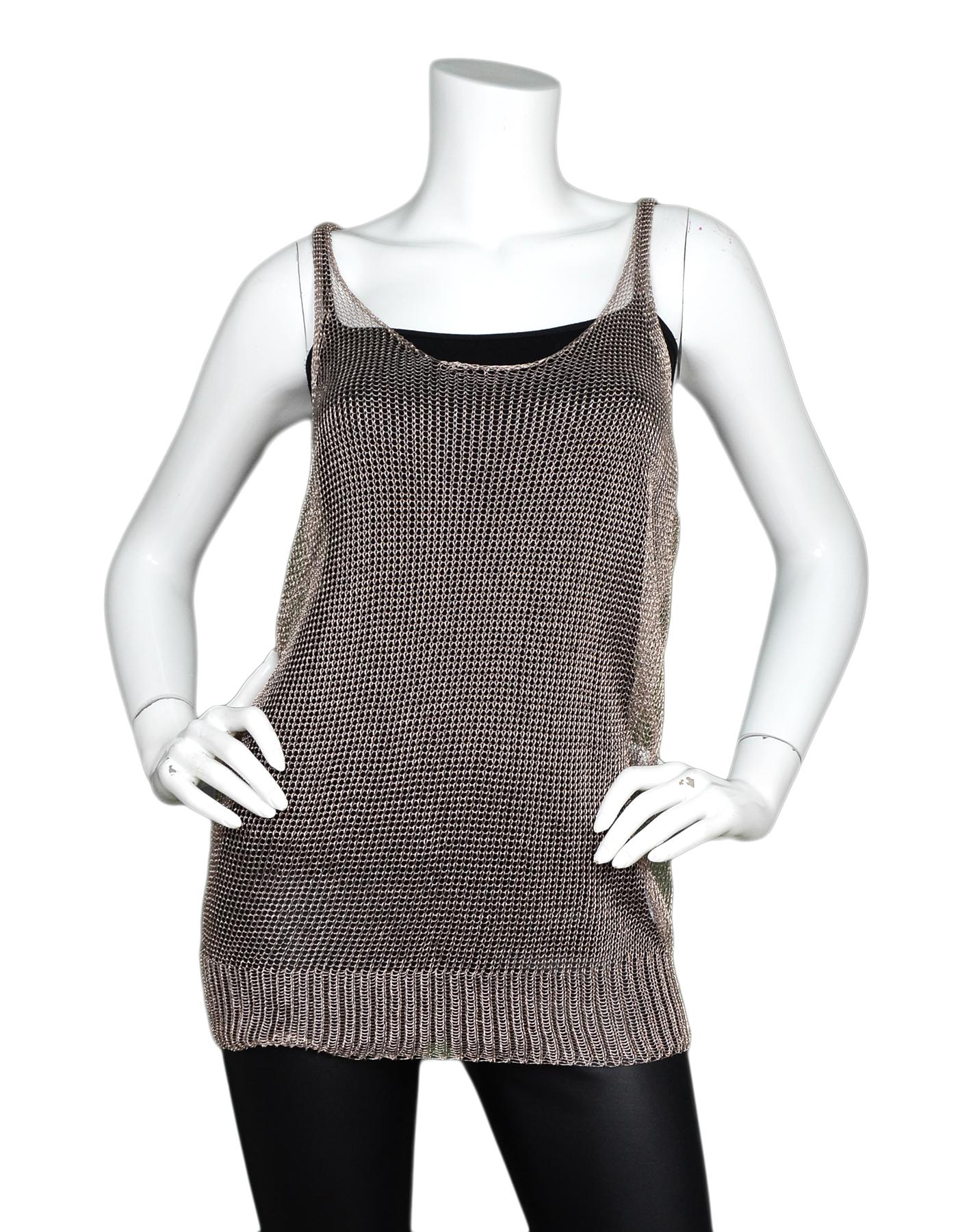 Lanvin Platinum Metallic Haut Maille Open Knit Mesh Tank Top NWT Sz XL

Made In: Italy
Color: Platinum
Materials: 63% viscose, 35% polyamide 
Lining: Unlined 
Opening/Closure: Pull over
Overall Condition: New with original tags attached
Includes: 