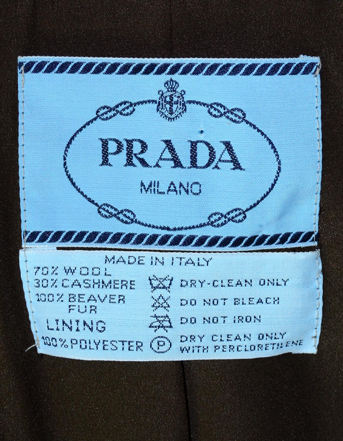 Black Prada Brown Wool/Cashmere Jacket W/ Beaver Fur Collar & Prada Logo Brass Belt Sz