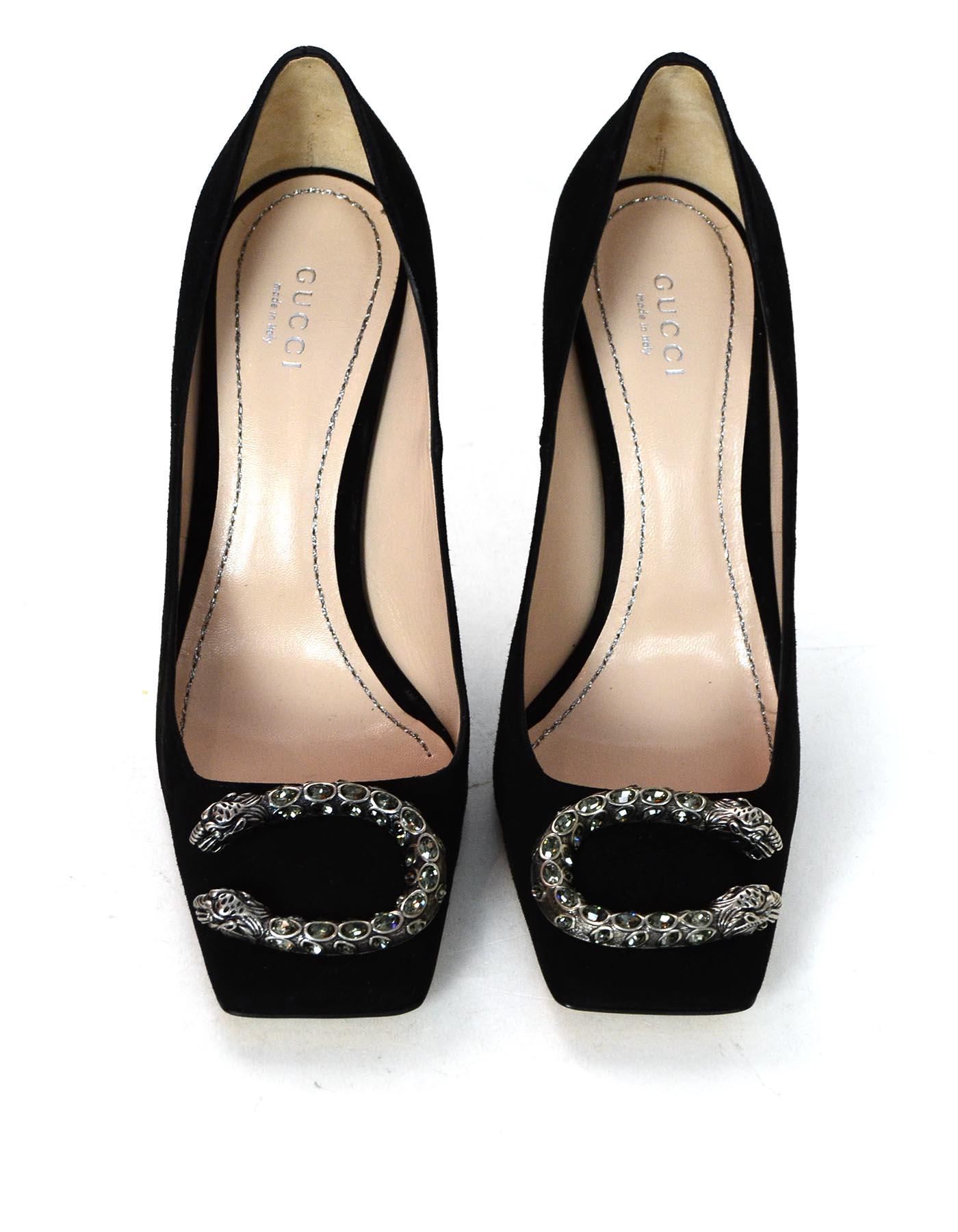 Gucci New Black Suede Dionysus Embellished Square Toe Pumps Sz 37.5 1