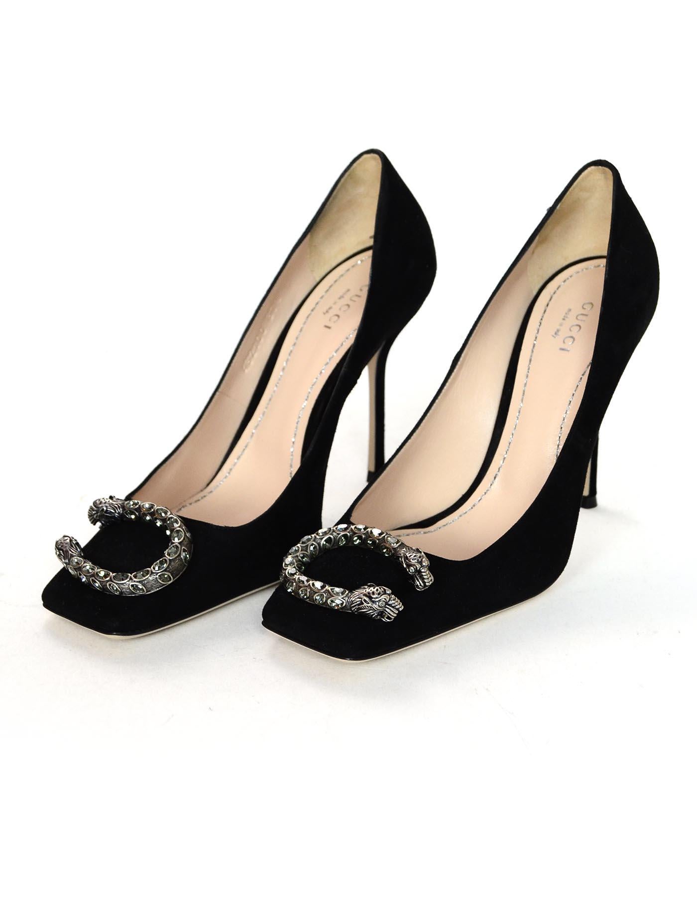 Gucci New Black Suede Dionysus Embellished Square Toe Pumps Sz 37.5

Made In: Italy
Color: Black
Hardware: Silvertone
Materials: Suede, metal and crystals 
Closure/Opening:  Slide on
Overall Condition: Excellent, like new condition with exception of