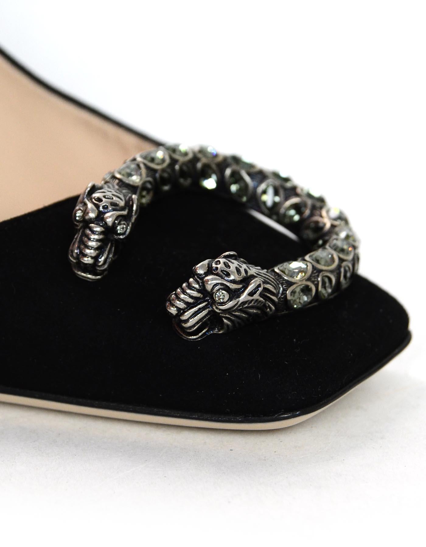 Gucci New Black Suede Dionysus Embellished Square Toe Pumps Sz 37.5 In Excellent Condition In New York, NY