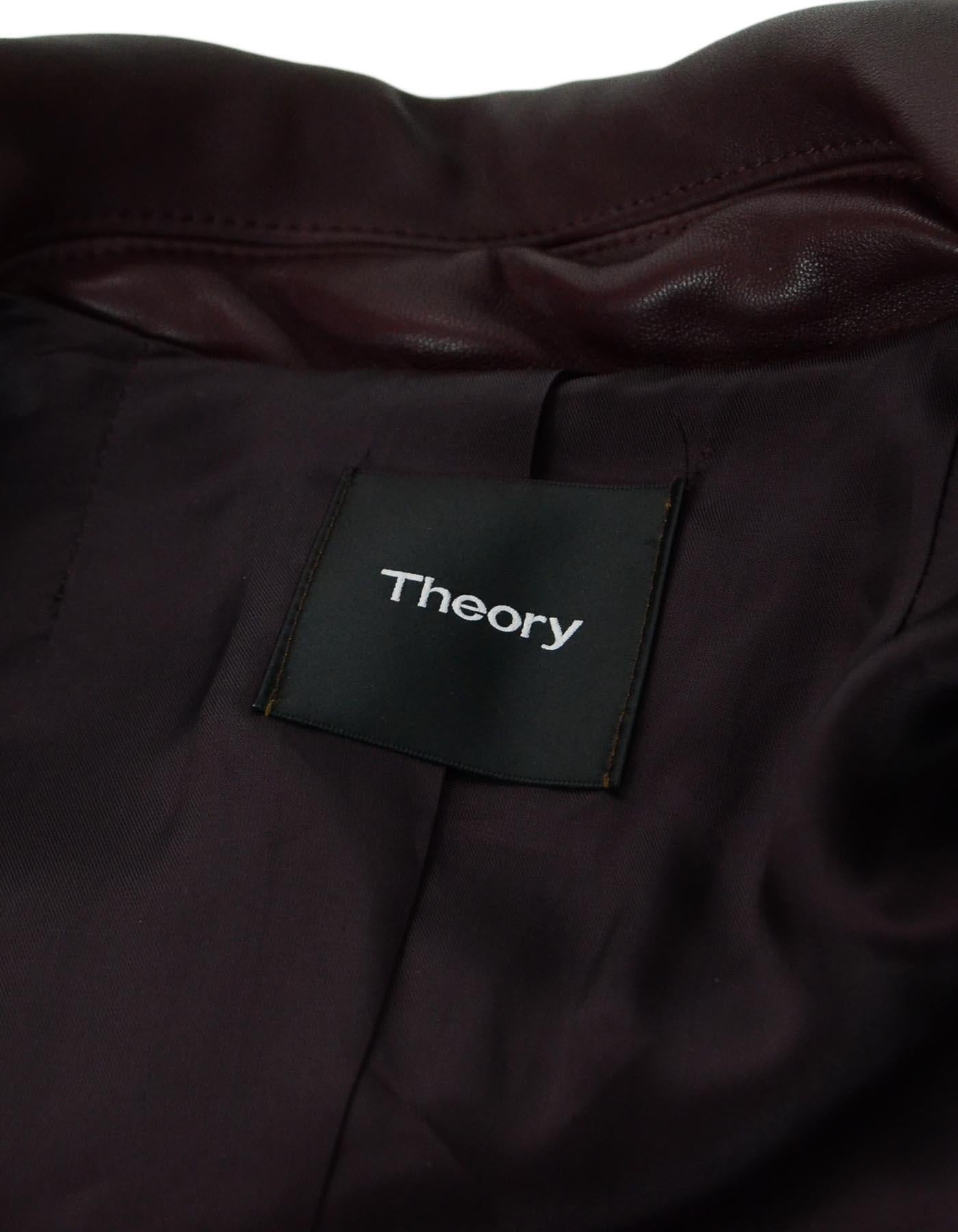 Theory Burgundy Leather Coat W/ Belt Sz M In Excellent Condition In New York, NY