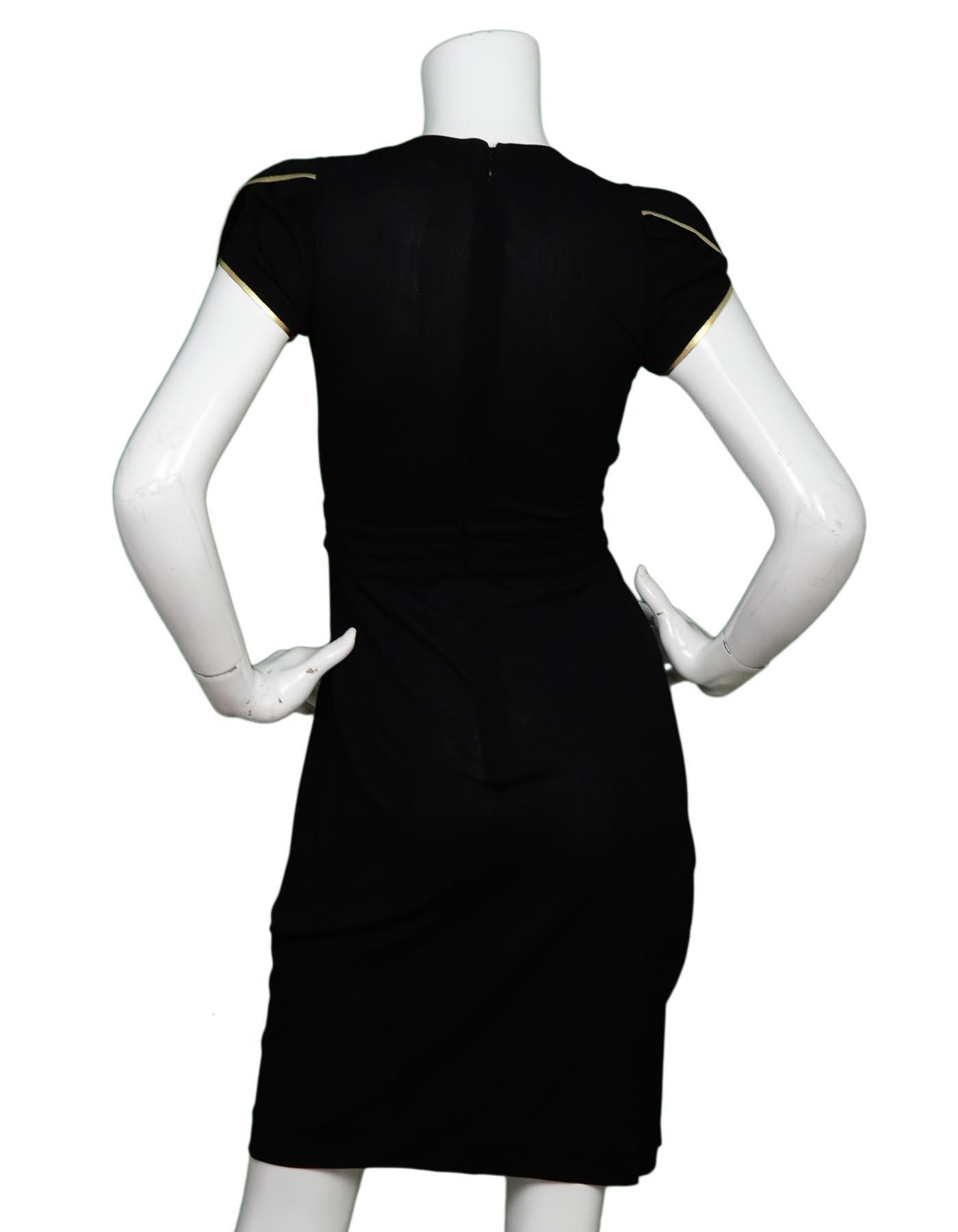 Prada Black Short Sleeve Dress W/ Pin Pleats & Gold Leather Trim Sz 38 In Excellent Condition In New York, NY