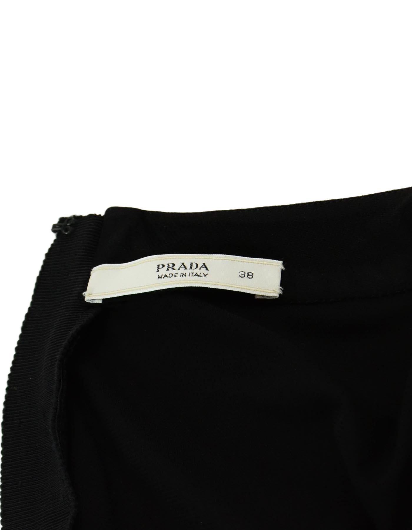Women's Prada Black Short Sleeve Dress W/ Pin Pleats & Gold Leather Trim Sz 38