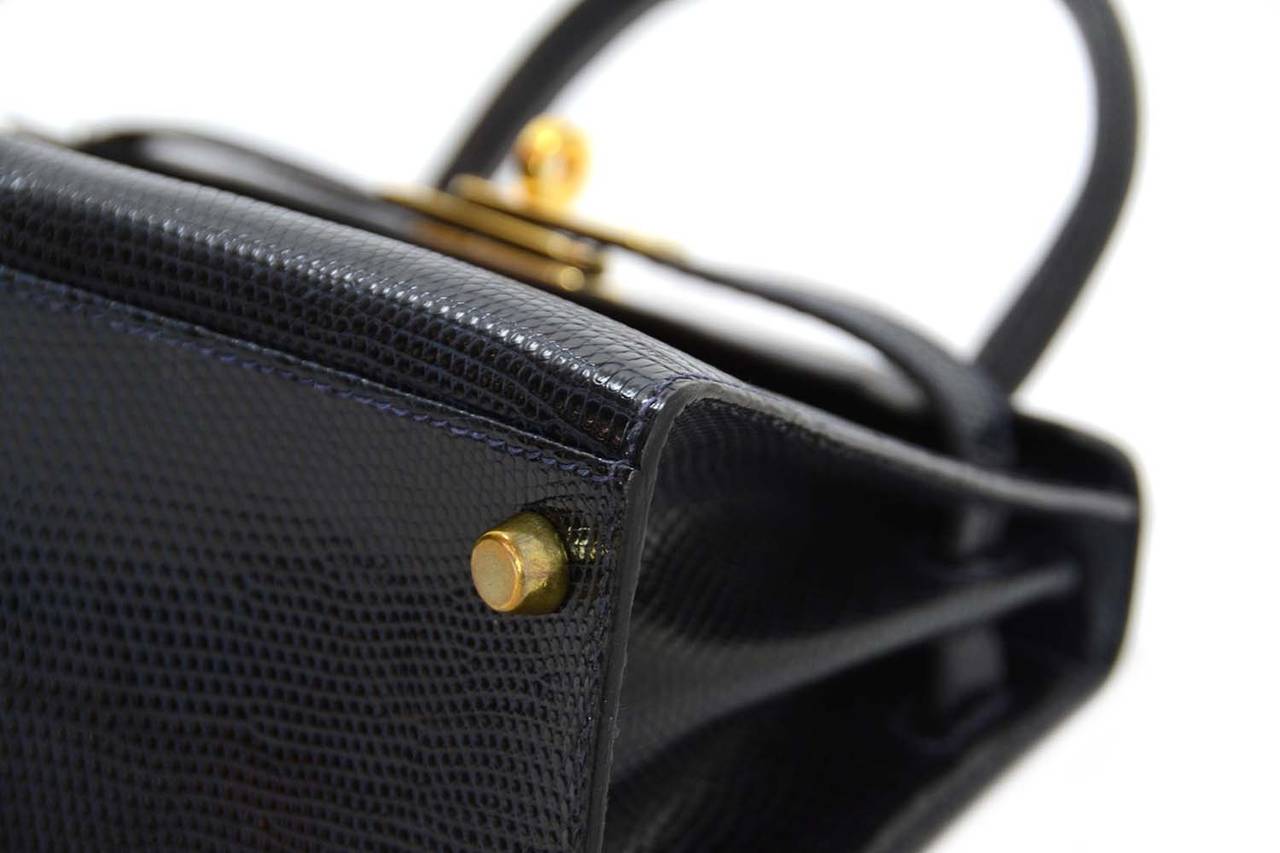 HERMES RARE 1991 Dark Navy Blue Lizard 20cm Mini Kelly Bag GHW In Excellent Condition In New York, NY