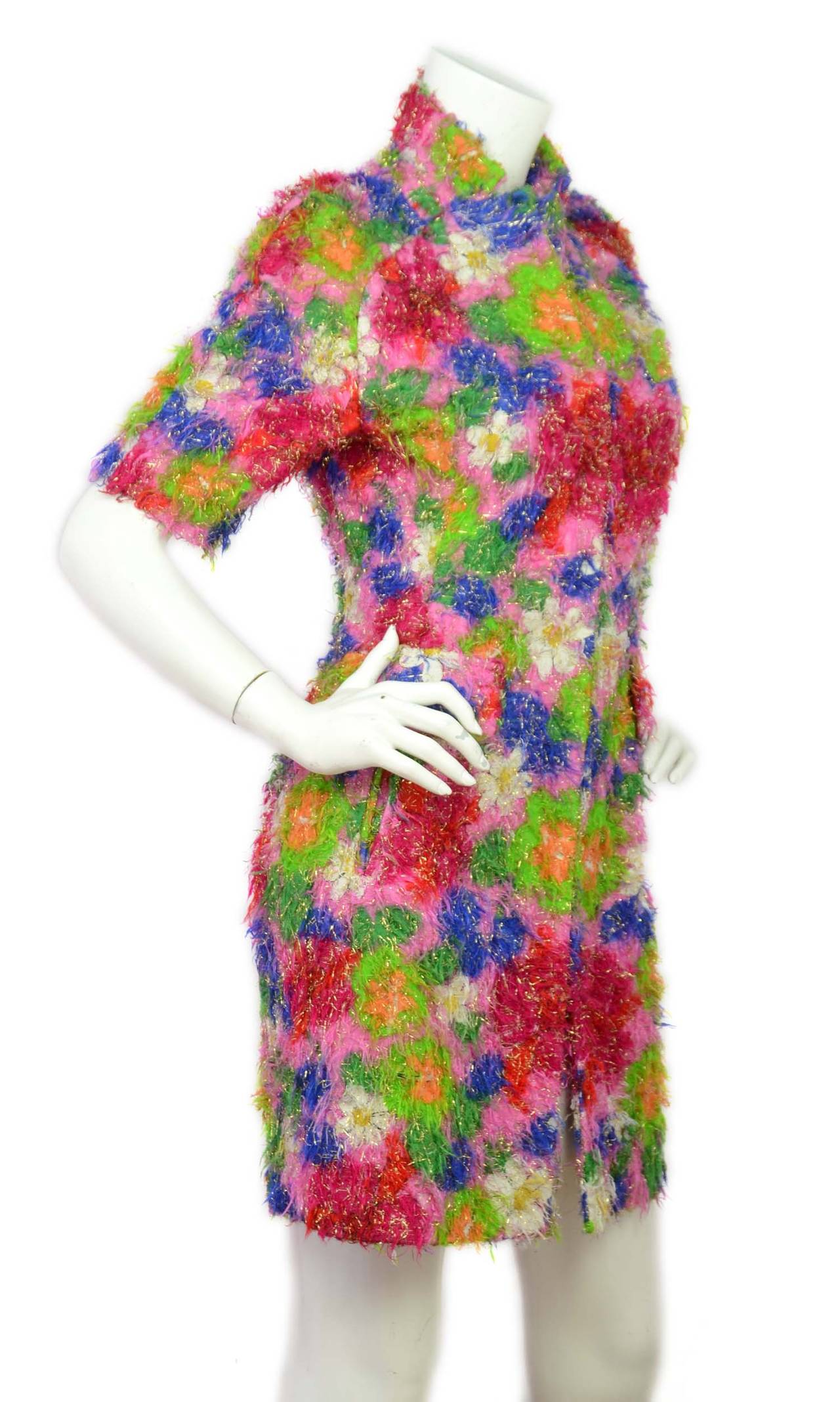 MARNI Fringed Multicolor Floral Shortsleeve Coat Dress sz 40 In Excellent Condition In New York, NY