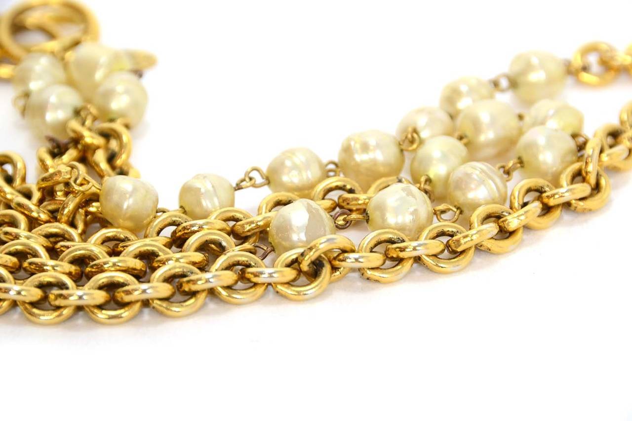 CHANEL Vintage 1984 Gold & Pearl Double Strand Necklace In Excellent Condition In New York, NY