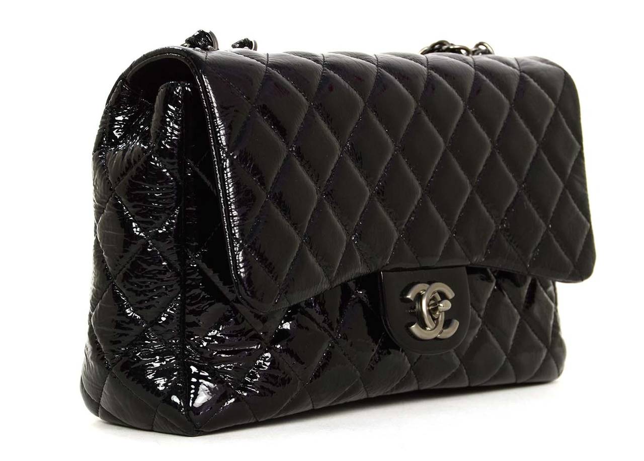 Chanel Quilted Black Patent Leather Large Jumbo Classic Flap Bag For ...