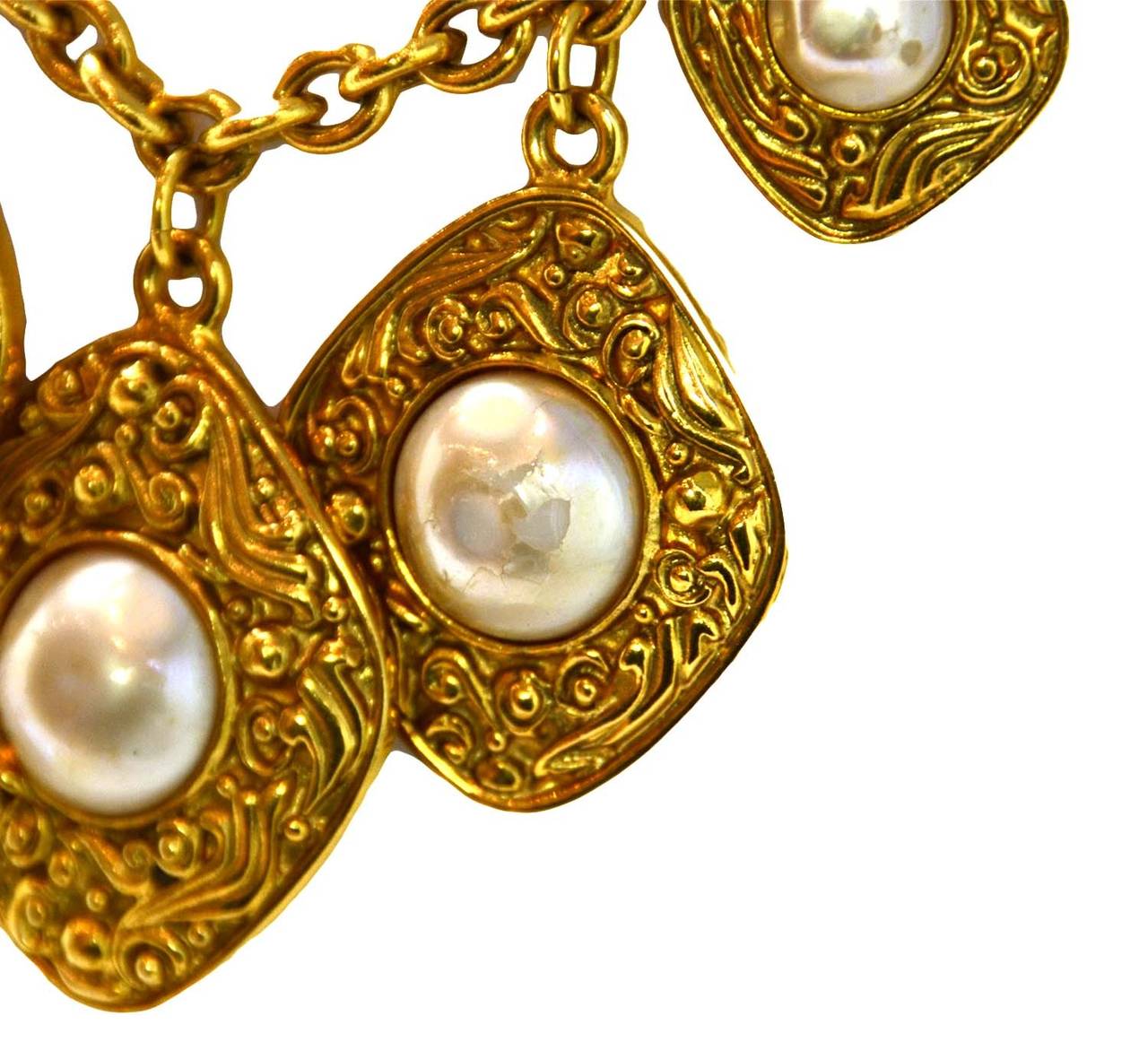 CHANEL Vintage 1990's Gold Necklace w/Five Hanging Gold & Pearl Pendants In Excellent Condition In New York, NY
