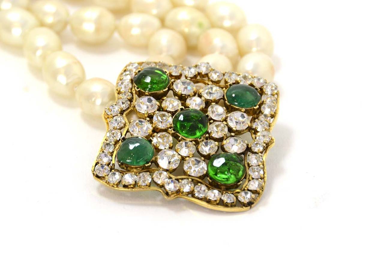 CHANEL Vintage Double Strand Pearl Necklace w/Rhinestone & Green Gripoix Pendant 1
