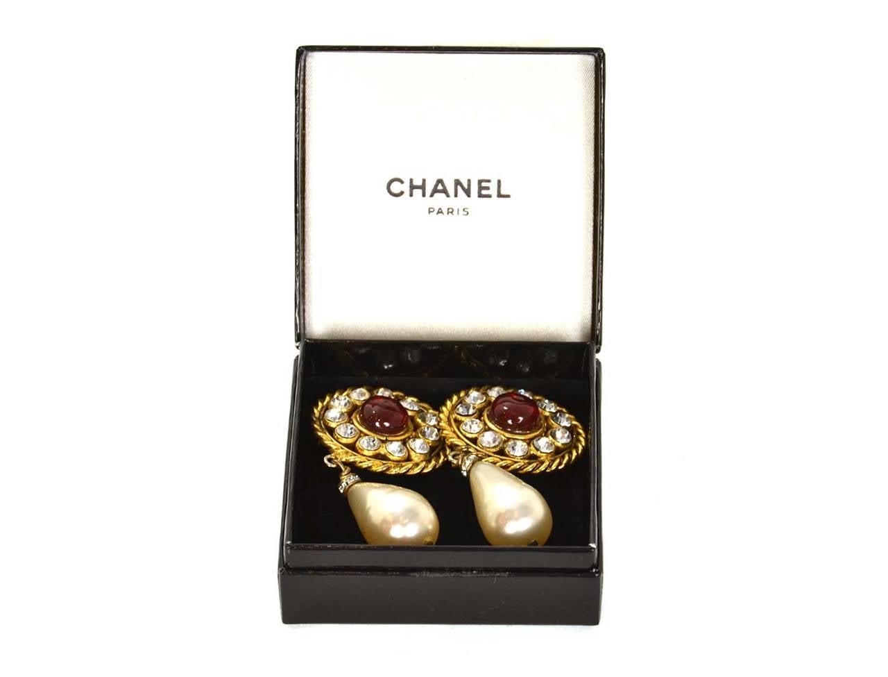 Chanel Vintage '86 Gripoix and Crystal Clip On Earrings w. Pearl Drop In Excellent Condition In New York, NY