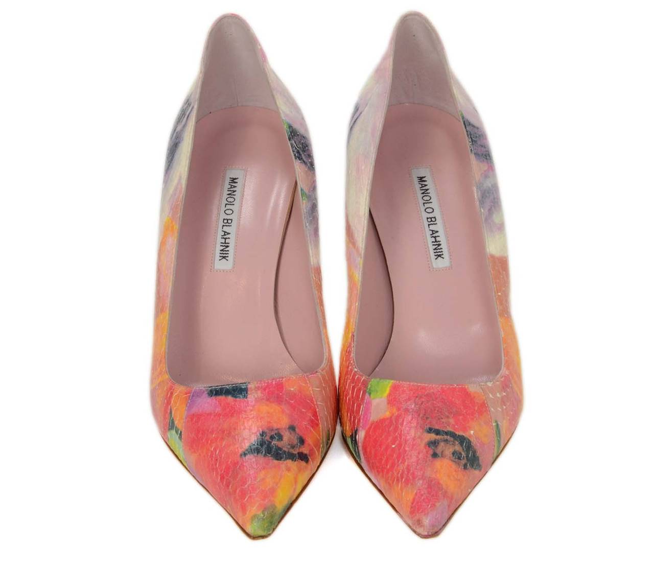 MANOLO BLAHNIK Pink & Purple Floral Print Snakeskin Pointed Toe Pumps sz 41