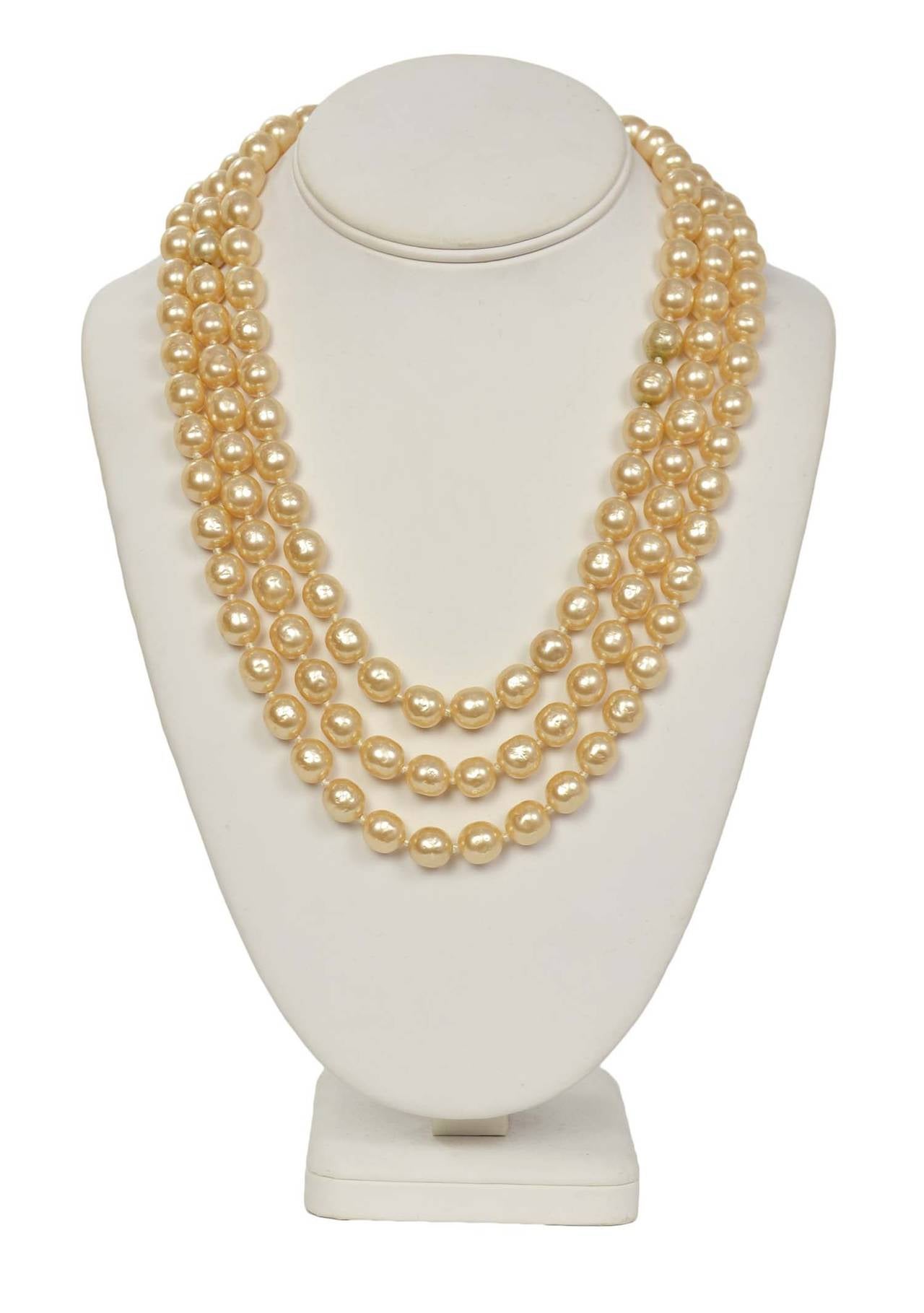 CHANEL Vintage 1950's1960's Three Strand Pearl Necklace w/Antique Clasp For Sale at 1stdibs