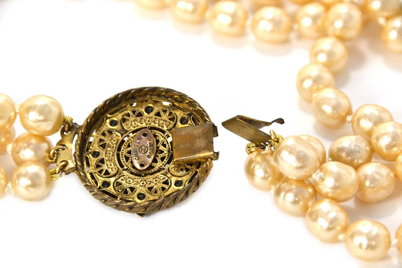 CHANEL Vintage 1950's1960's Three Strand Pearl Necklace w/Antique