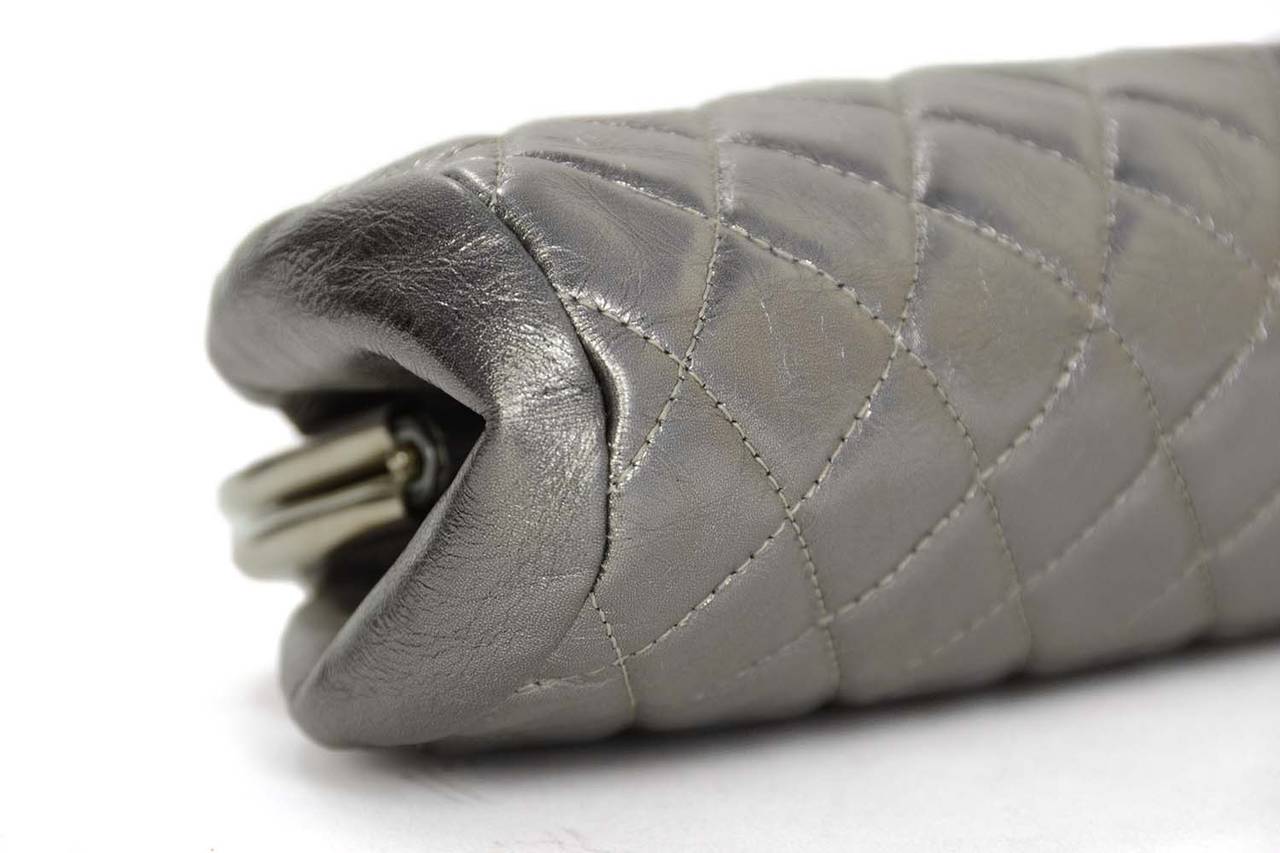 CHANEL Metallic Pewter Quilted Timeless Clutch Bag SHW In Excellent Condition In New York, NY