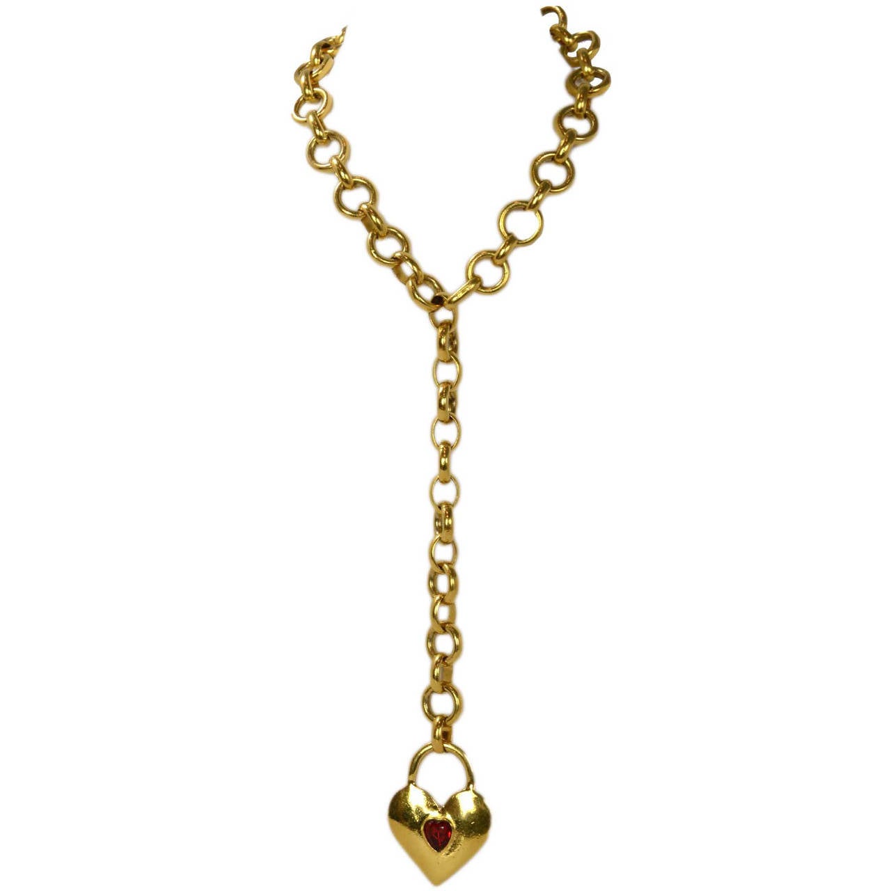 CHANEL Gold Chain & Heart Necklace w/Red Stone