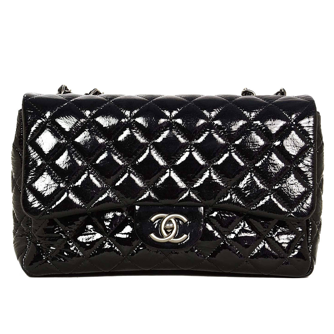 Chanel Quilted Black Patent Leather Large Jumbo Classic Flap Bag For Sale at 1stdibs