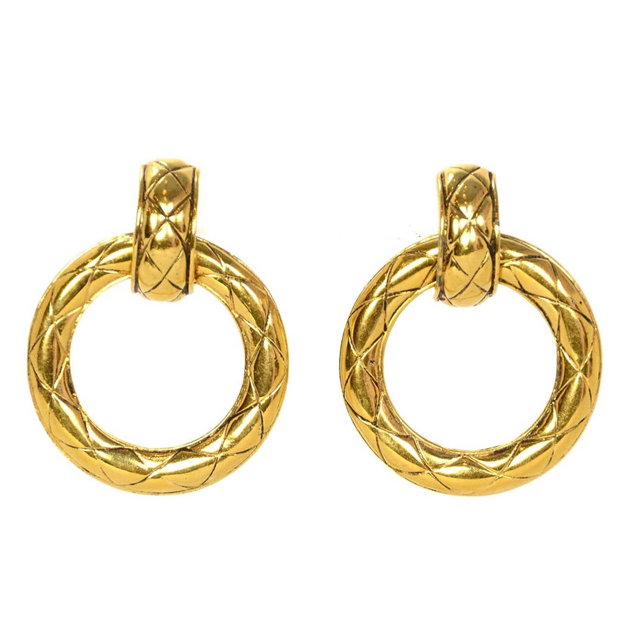CHANEL Vintage 1990's Gold Quilted Hoop Clip On Earrings