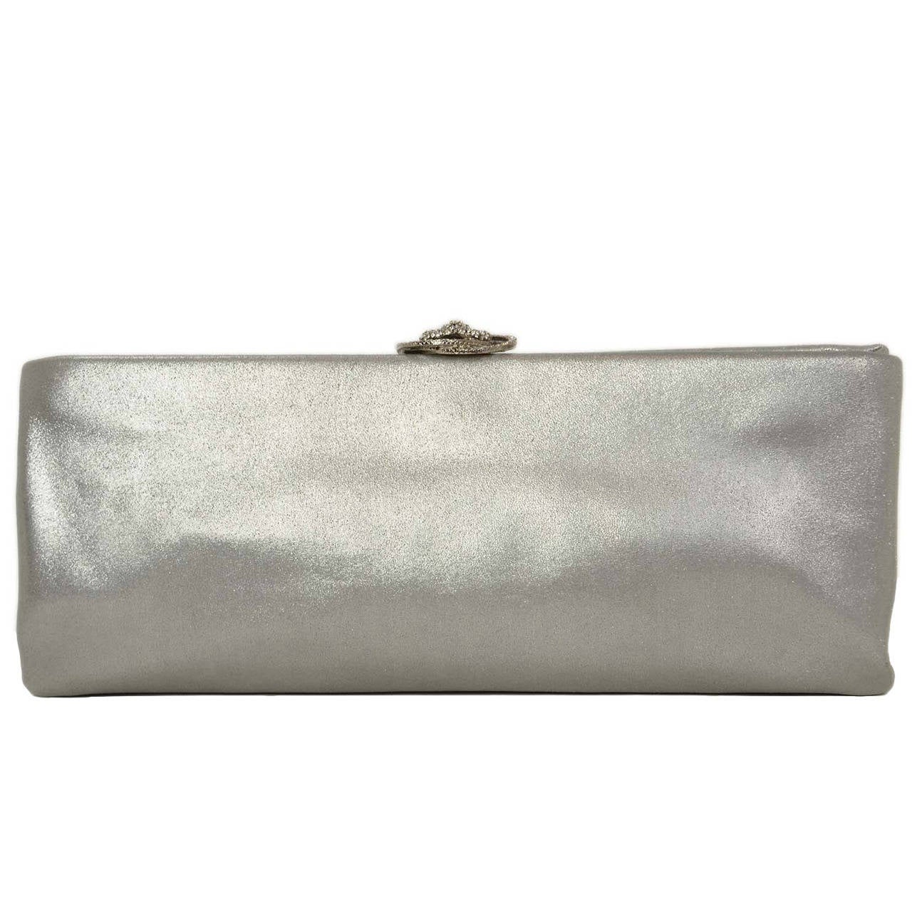 Chanel Metallic Silver Leather Clutch Bag w/ Rhinestone Camelia CC