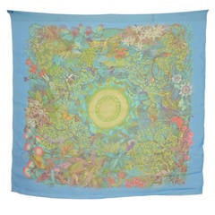 HERMES Blue/Green Sheer Tropical Theme Silk Scarf 90 cm