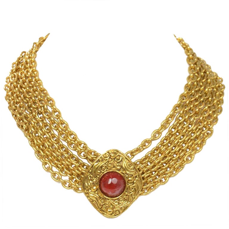 CHANEL Vintage Gold and Red Gripoix Choker Necklace