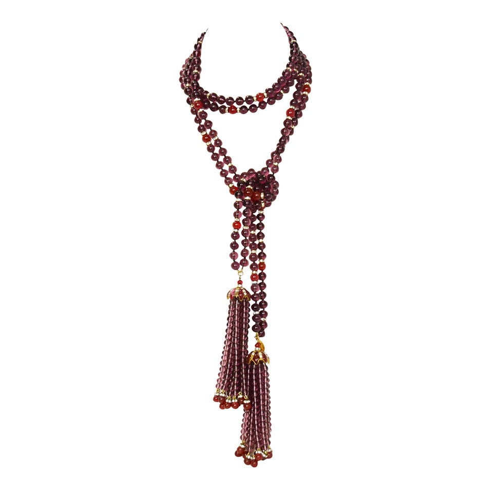 CHANEL Vintage '83 Double Strand Gripoix Bead Lariat Necklace w/ Tassels