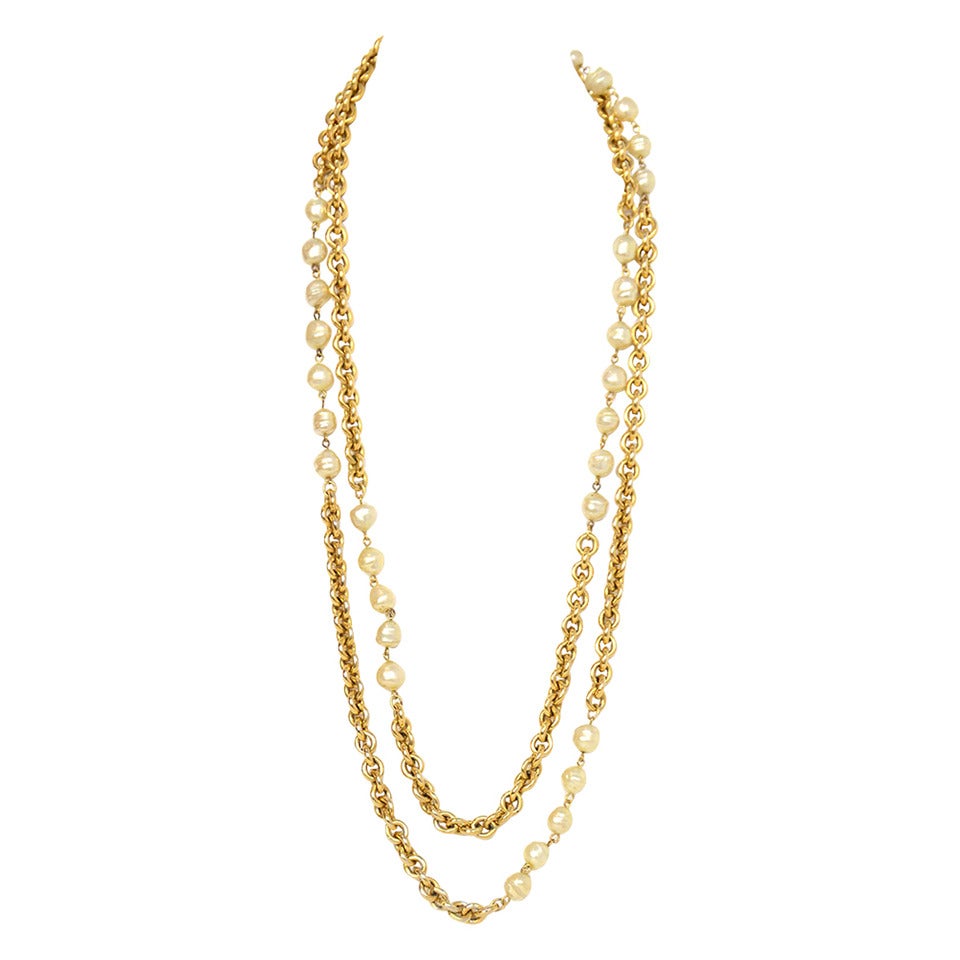 CHANEL Vintage 1984 Gold & Pearl Double Strand Necklace