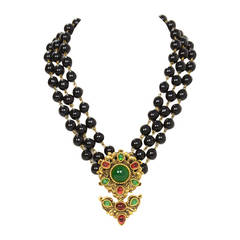 CHANEL Vintage 1985 Black Triple Strand Beaded Necklace w/ Flower Pendant