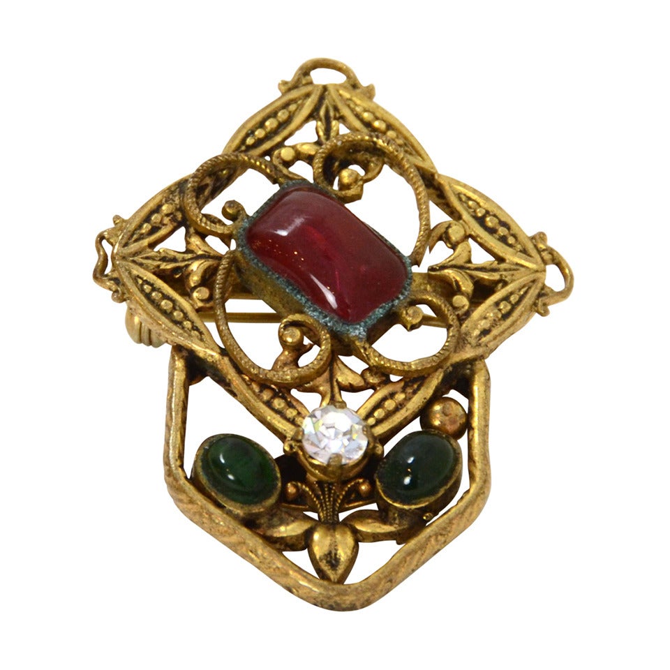 CHANEL Vintage 1983 Filagre Brooch w/Red and Green Gripoix For Sale at ...