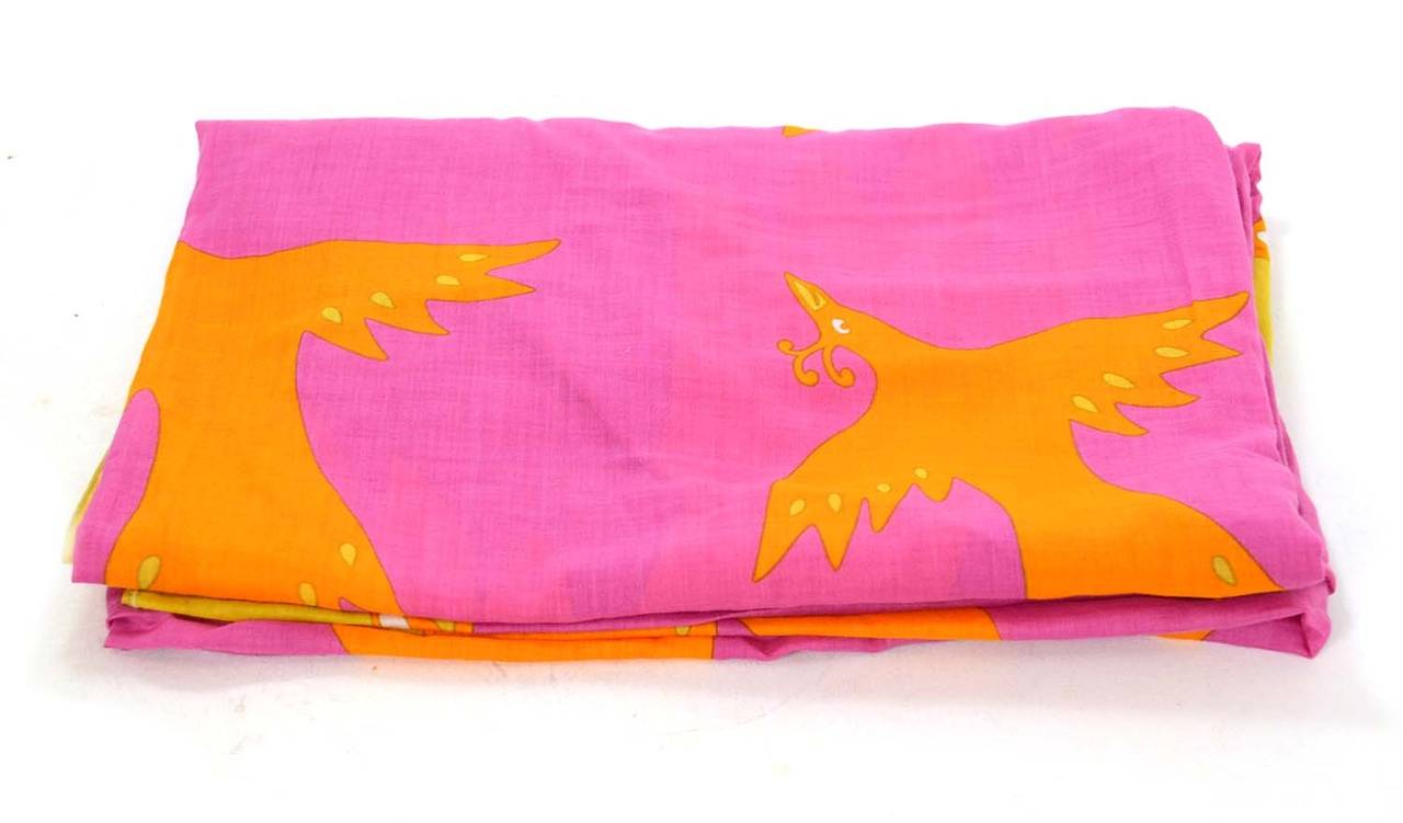 Hermes Pink and Yellow Flying Bird Print Scarf
Features a yellow border

    Made in: France
    Color: Pink and yellow
    Composition: 100% cotton
    Overall Condition: Excellent with no visible signs of wear

Measurements:
Length: