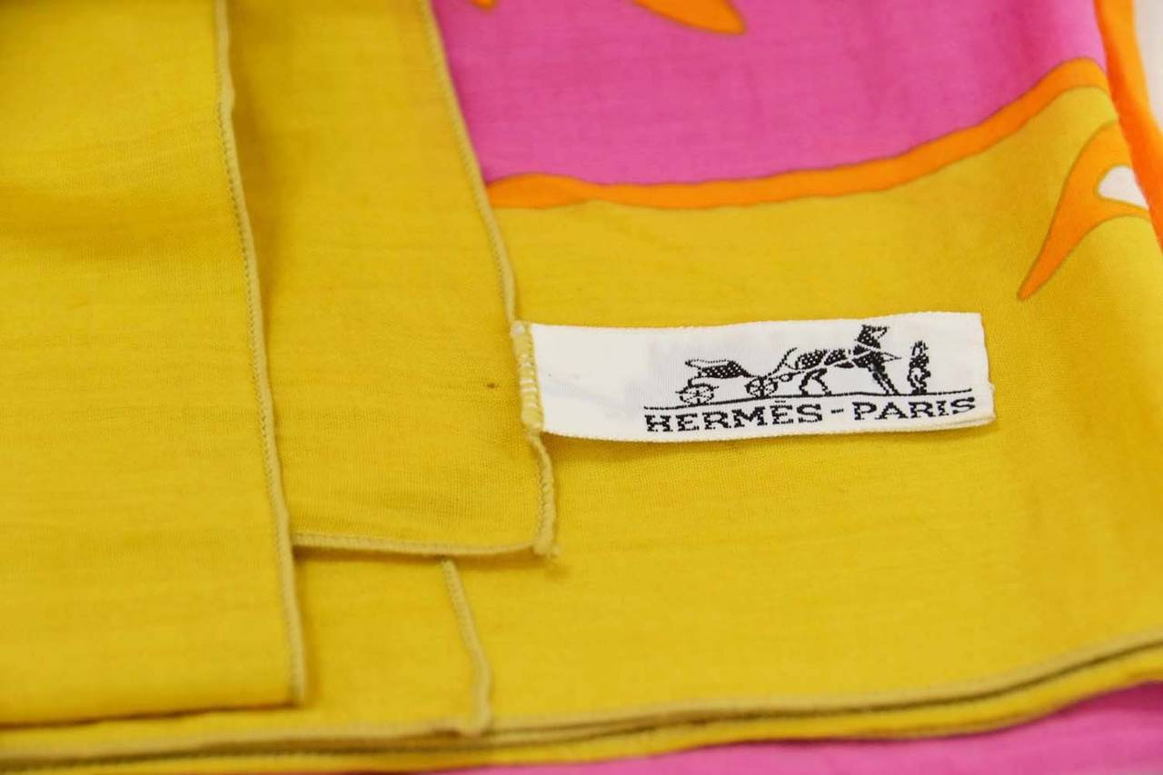 HERMES Pink and Yellow Flying Bird Print Scarf In Excellent Condition In New York, NY
