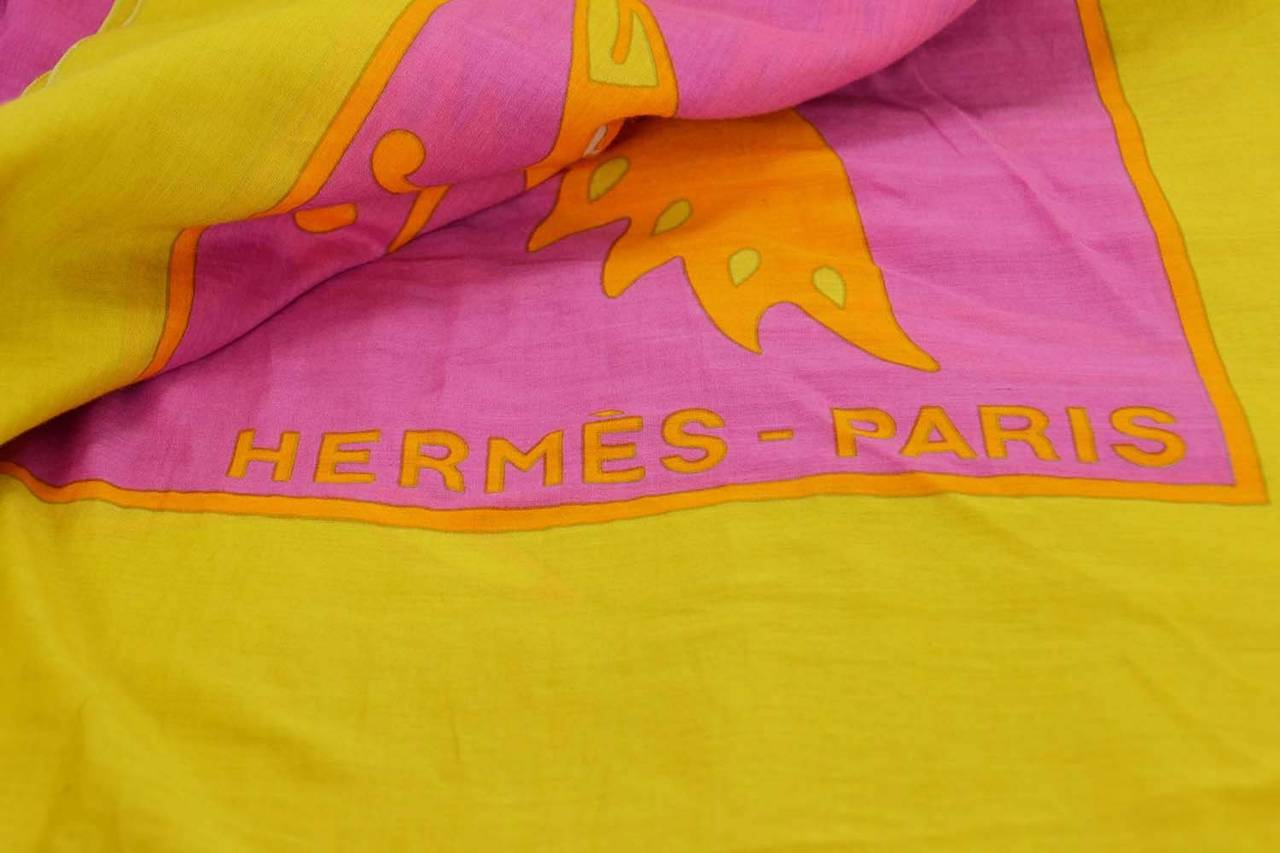 HERMES Pink and Yellow Flying Bird Print Scarf 1