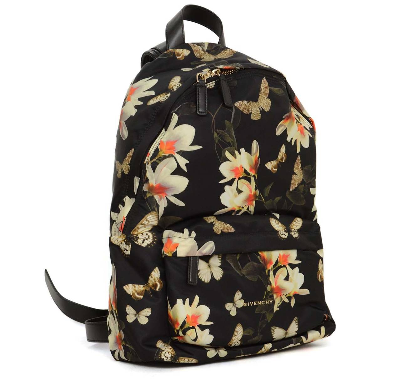 Givenchy Floral & Butterfly Print Black Nylon Backpack
Features adjustable leather shoulder straps with silver star stud detailing

    Made in: Romania
    Color: Black, off-white, red and orange
    Hardware: Silvertone
    Materials: Nylon,