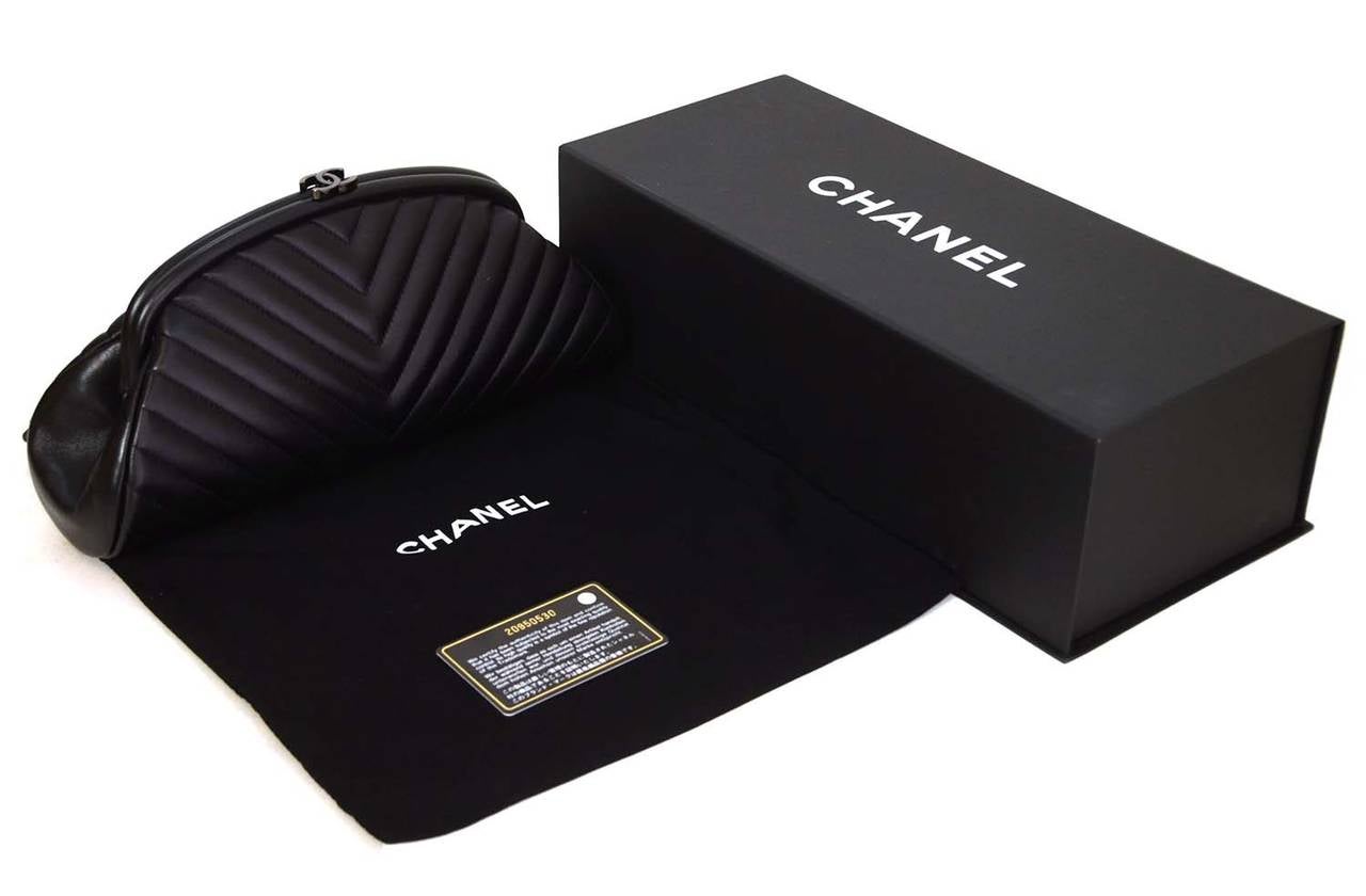 CHANEL 2015 Black Lambskin Chevron Quilted Timeless Clutch Bag 2