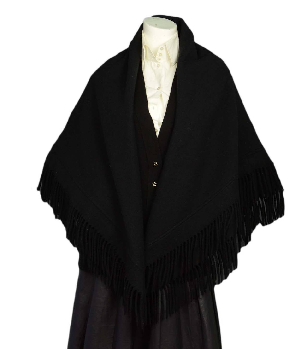 Hermes Black Cashmere Shawl/Throw w/FringeFeatures embroidered 