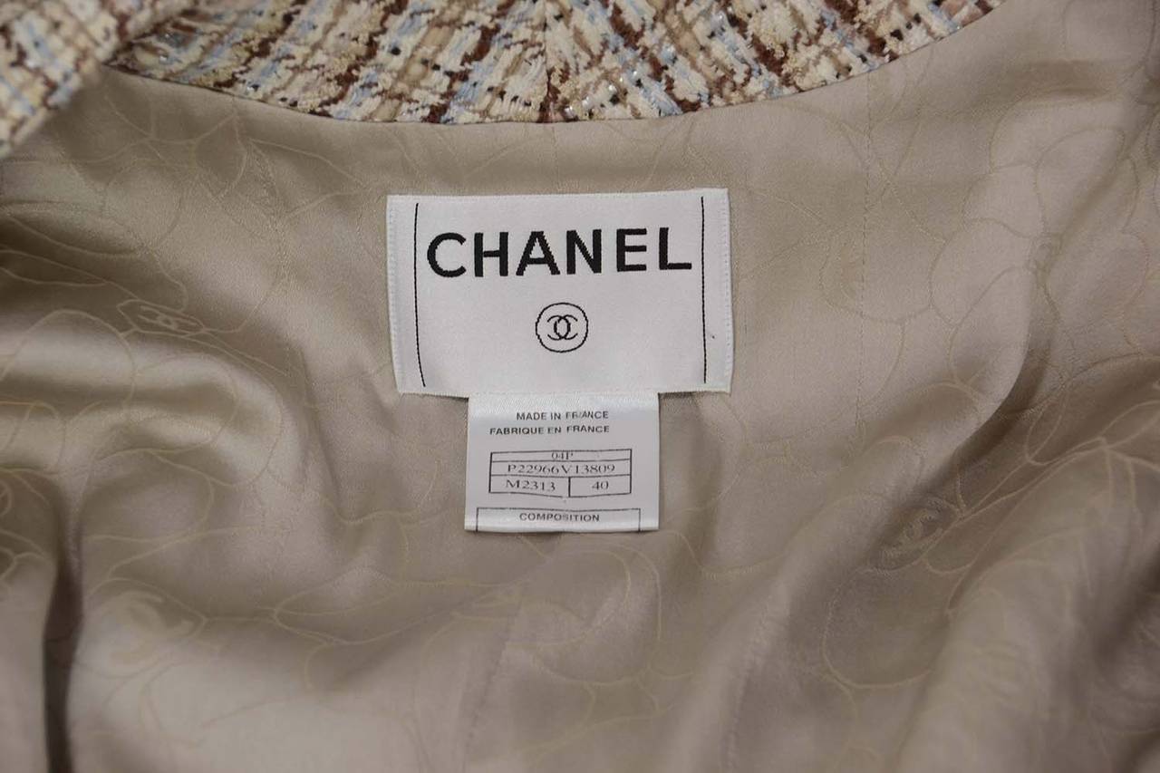 CHANEL 2004 Beige/Brown/Light Blue Tweed Single Breasted Blazer sz 40 1