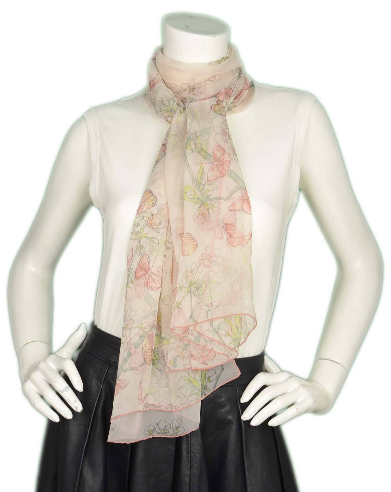 HERMES Pale Pink Floral & Butterfly Silk Scarf 1