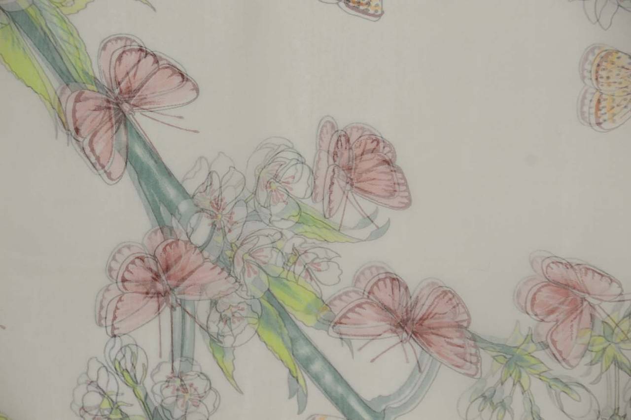 HERMES Pale Pink Floral & Butterfly Silk Scarf In Excellent Condition In New York, NY